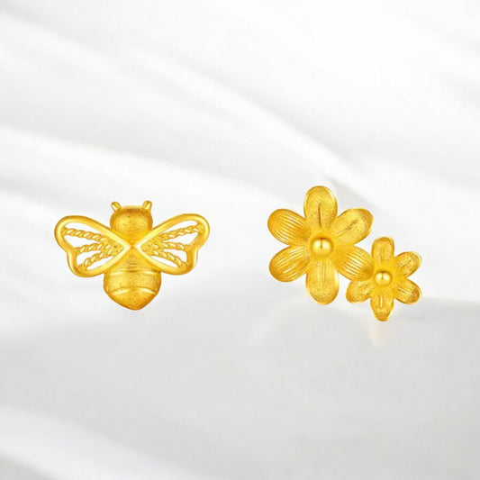 24K Real Gold Flower and Honey Bees Stud Earrings
