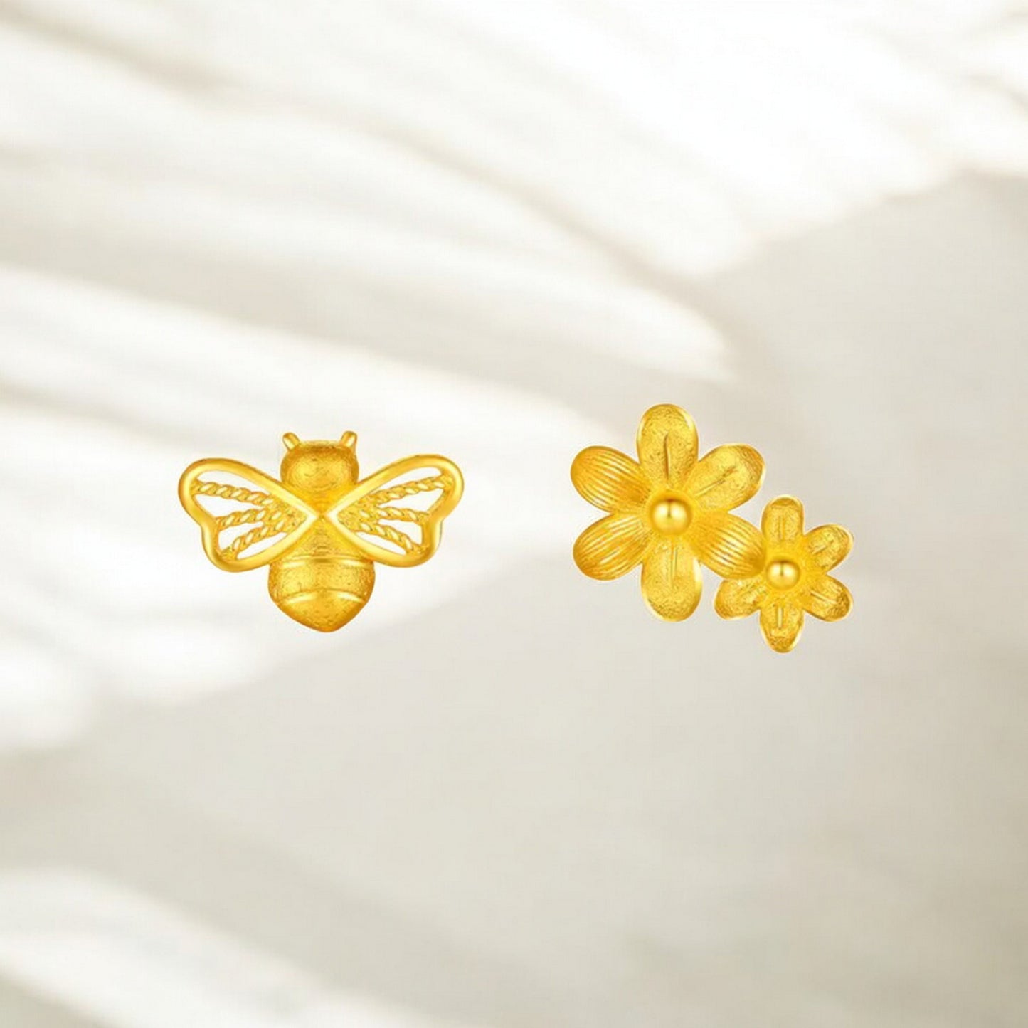 24K Real Gold Flower and Honey Bees Stud Earrings