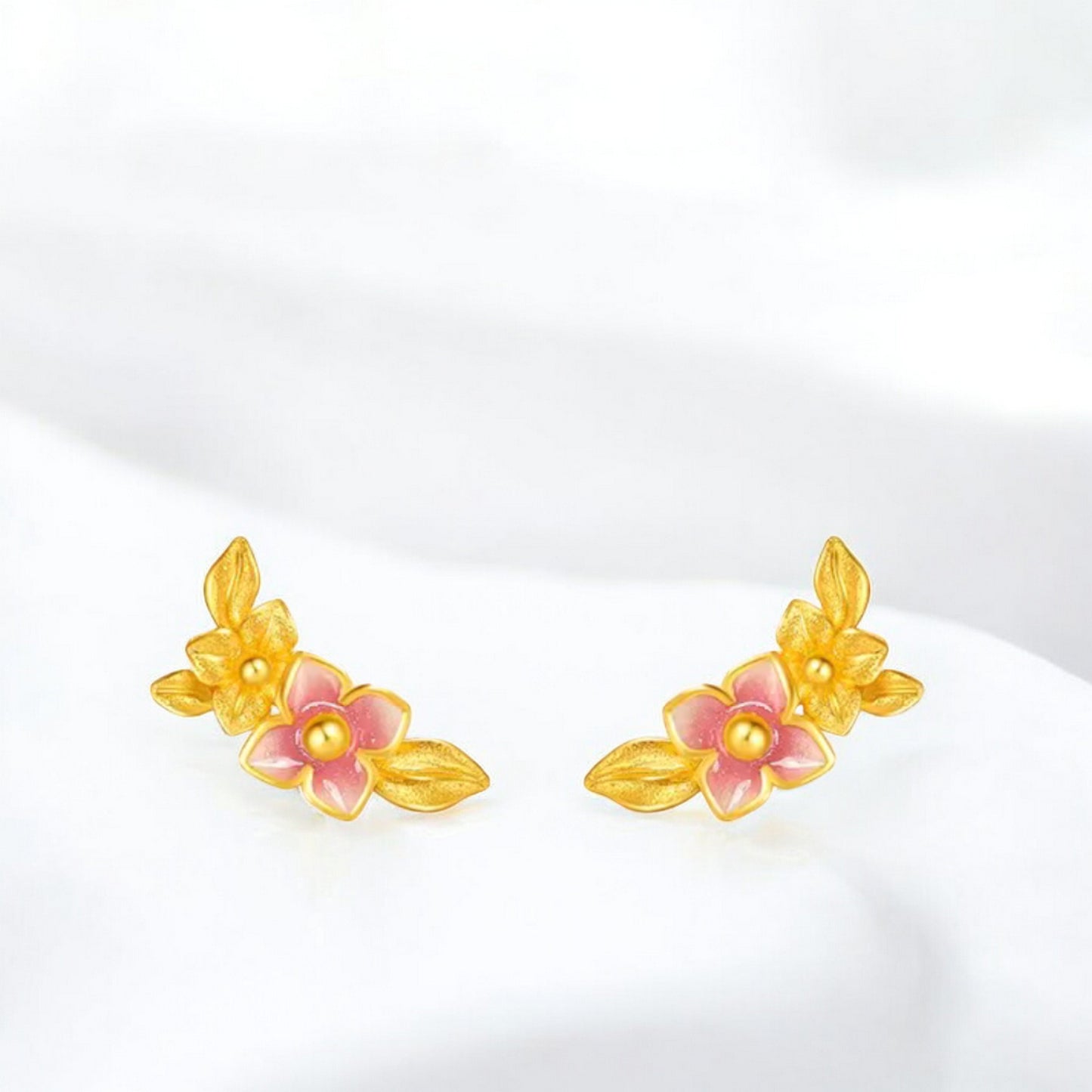 24K Real Gold Enamel Flower Stud Earrings