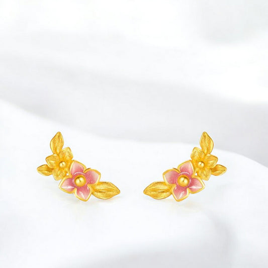 24K Real Gold Enamel Flower Stud Earrings