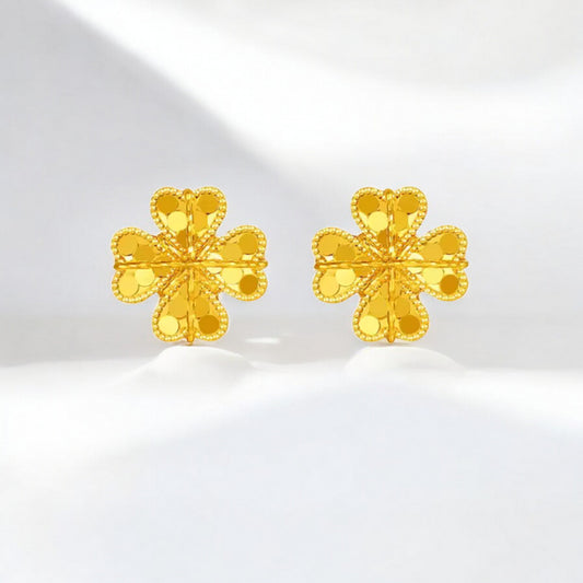 24K Real 5G Gold Sparkling Clover Stud Earrings
