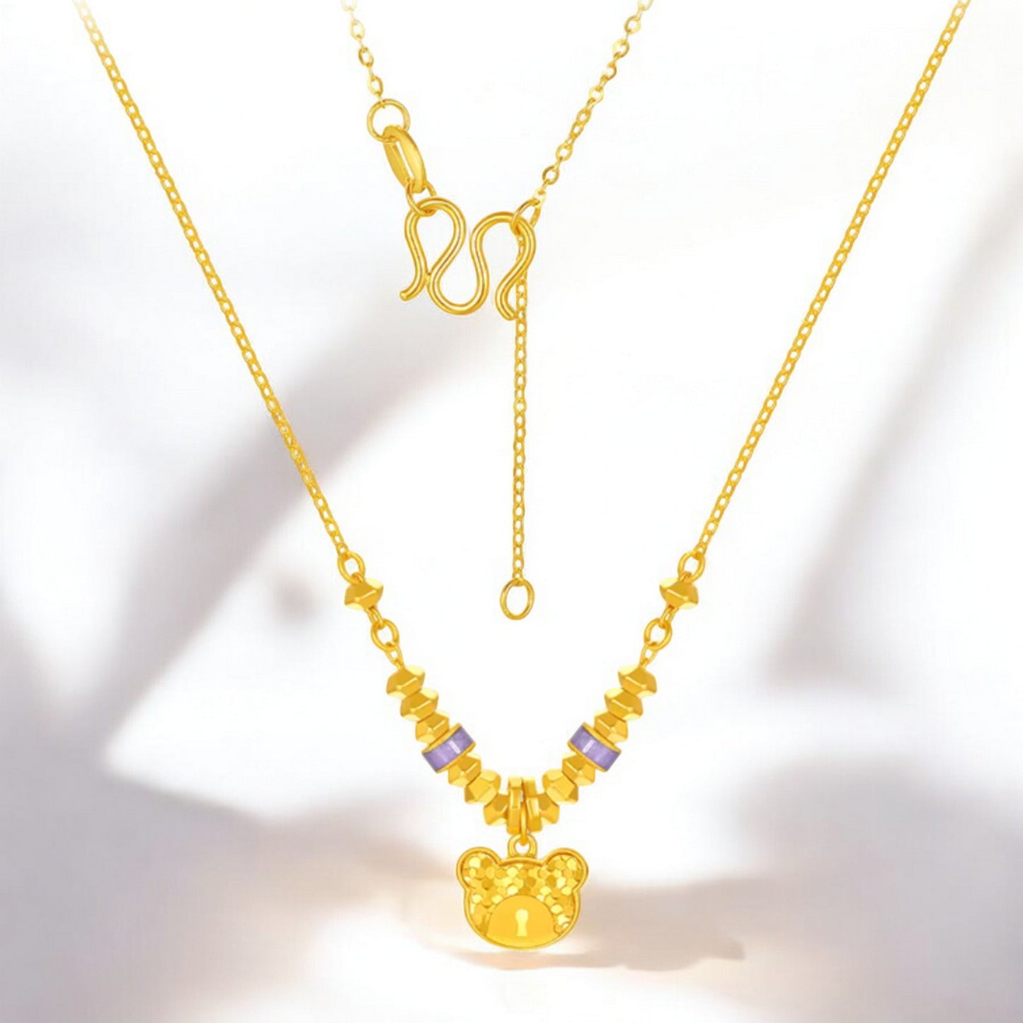 24K 999 5G Gold Sparkling Bear Pendant Beads Necklace