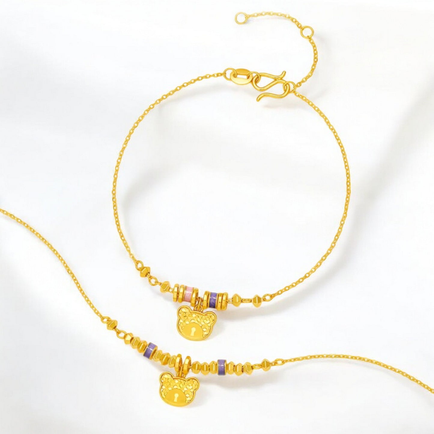 24K 999 5G Gold Sparkling Bear Pendant Beads Necklace