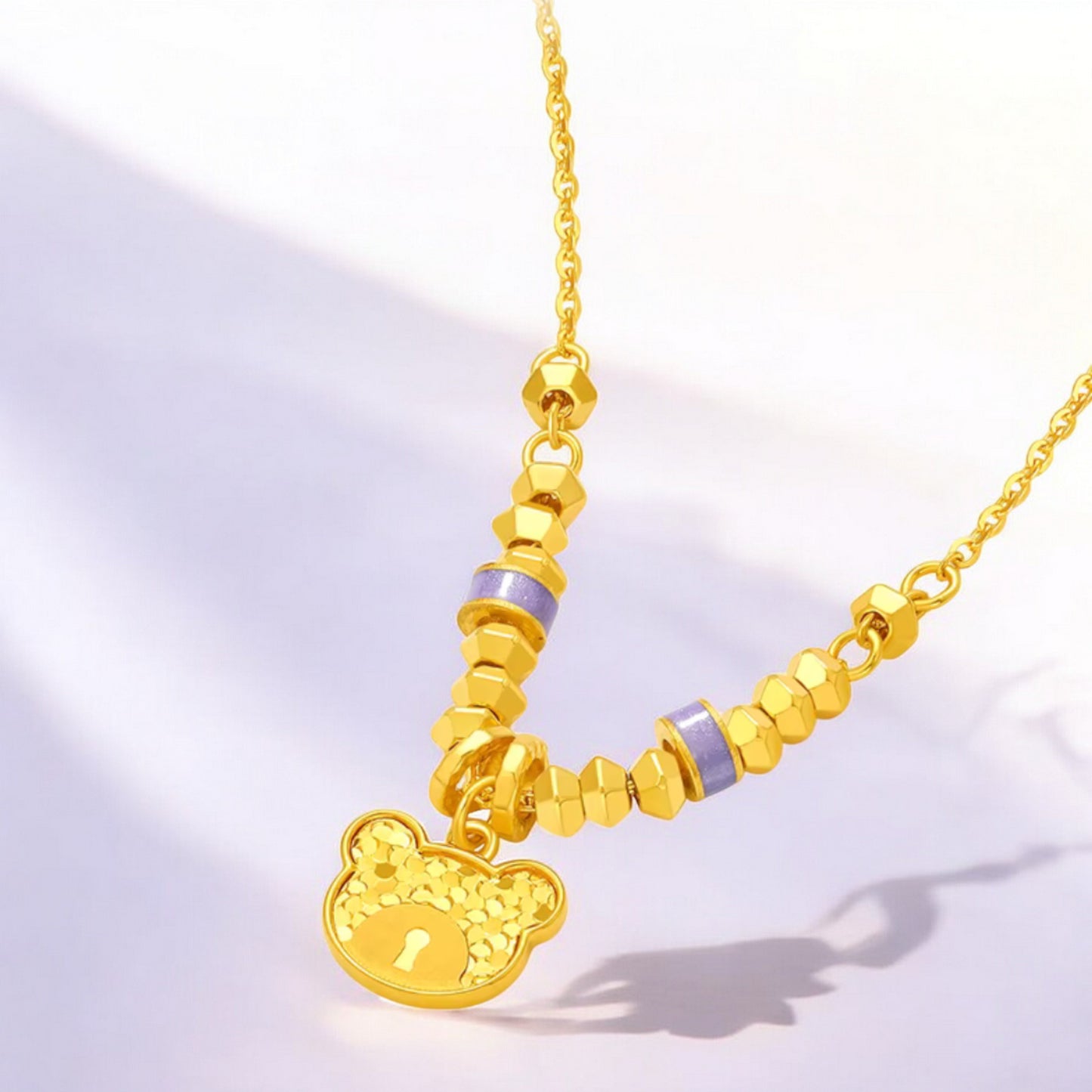 24K 999 5G Gold Sparkling Bear Pendant Beads Necklace