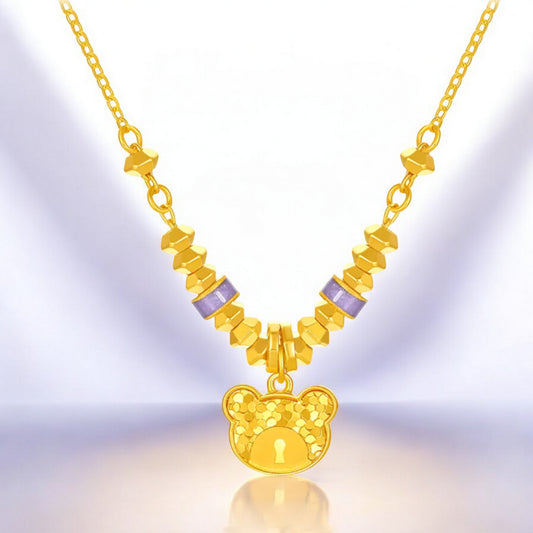 24K 999 5G Gold Sparkling Bear Pendant Beads Necklace