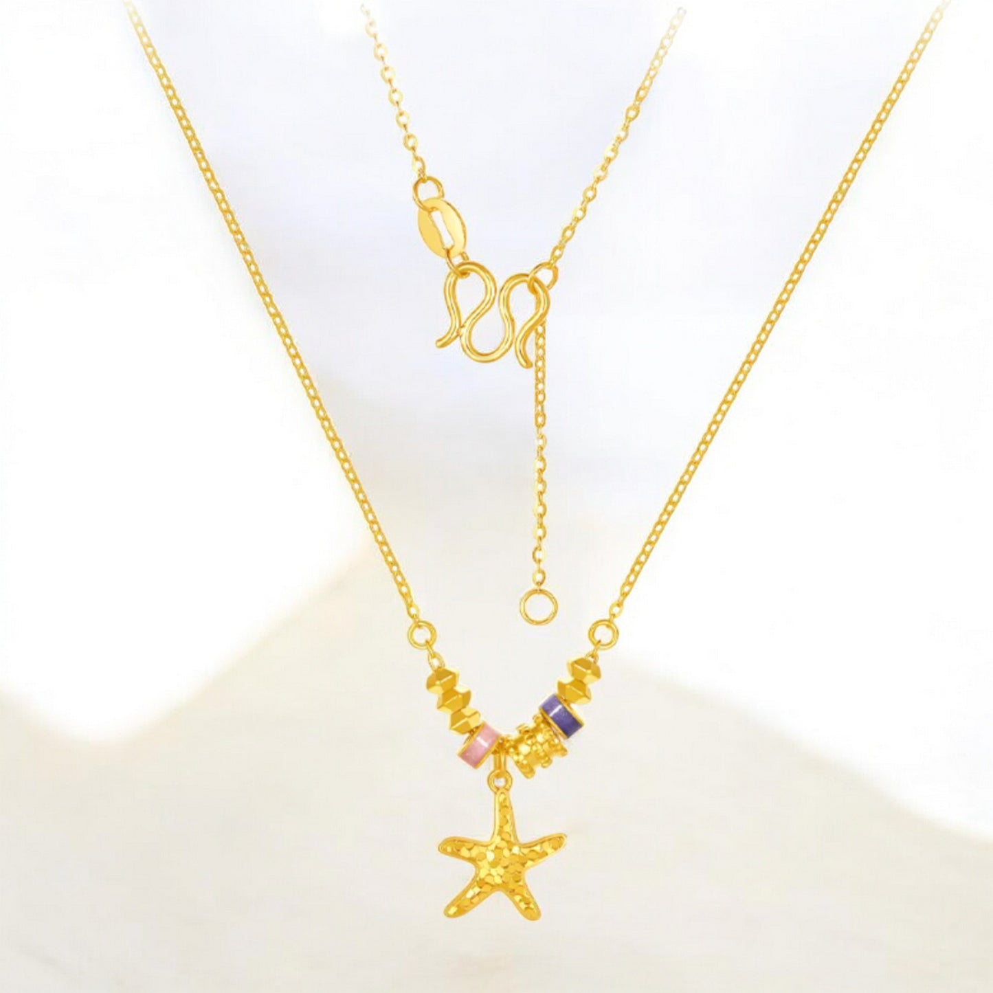 24K 999 5G Gold Sparkling Sea Star Pendant Enamel Beads Necklace