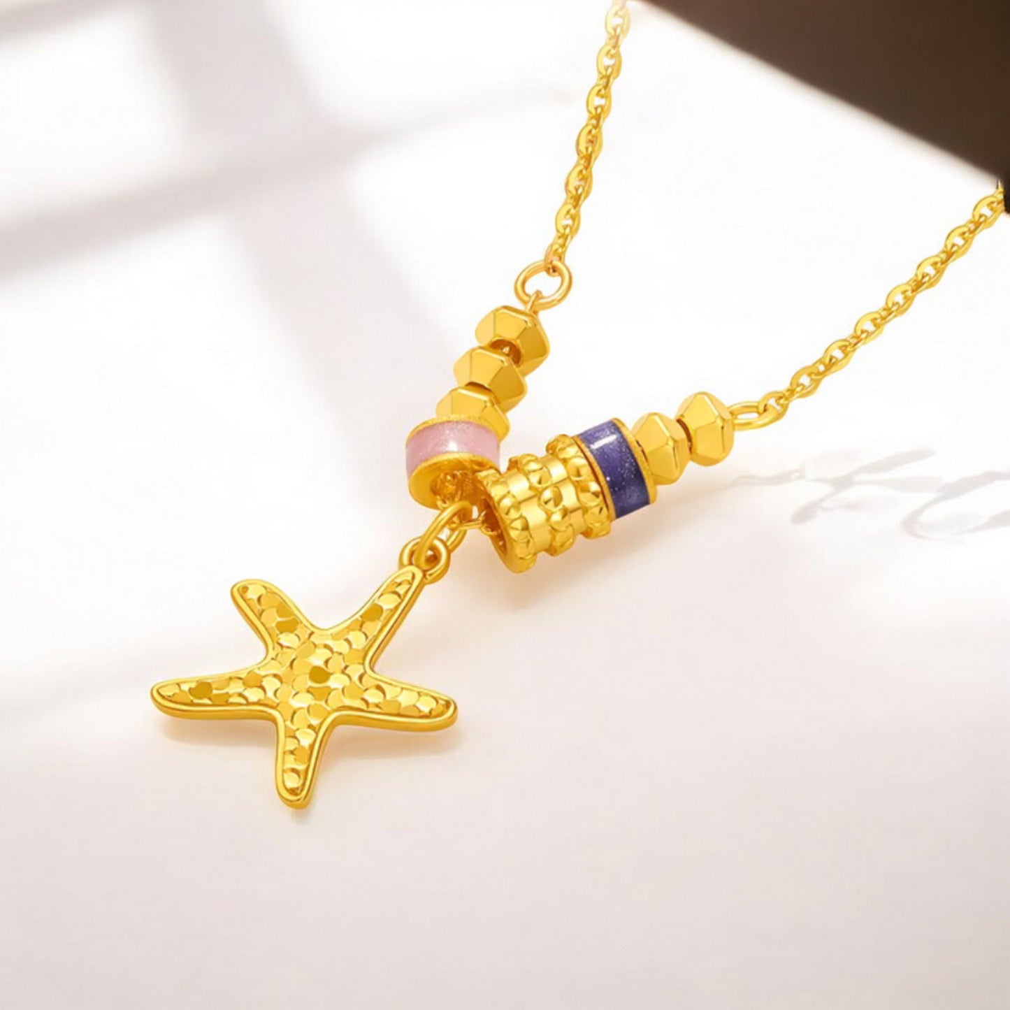 24K 999 5G Gold Sparkling Sea Star Pendant Enamel Beads Necklace