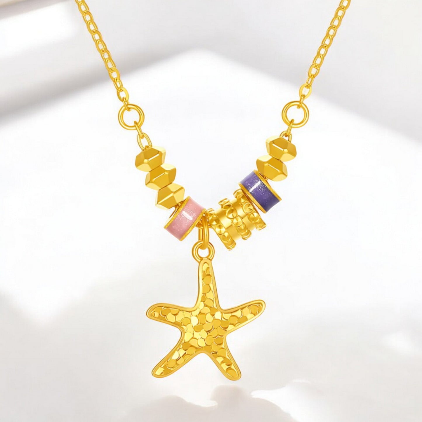 24K 999 5G Gold Sparkling Sea Star Pendant Enamel Beads Necklace
