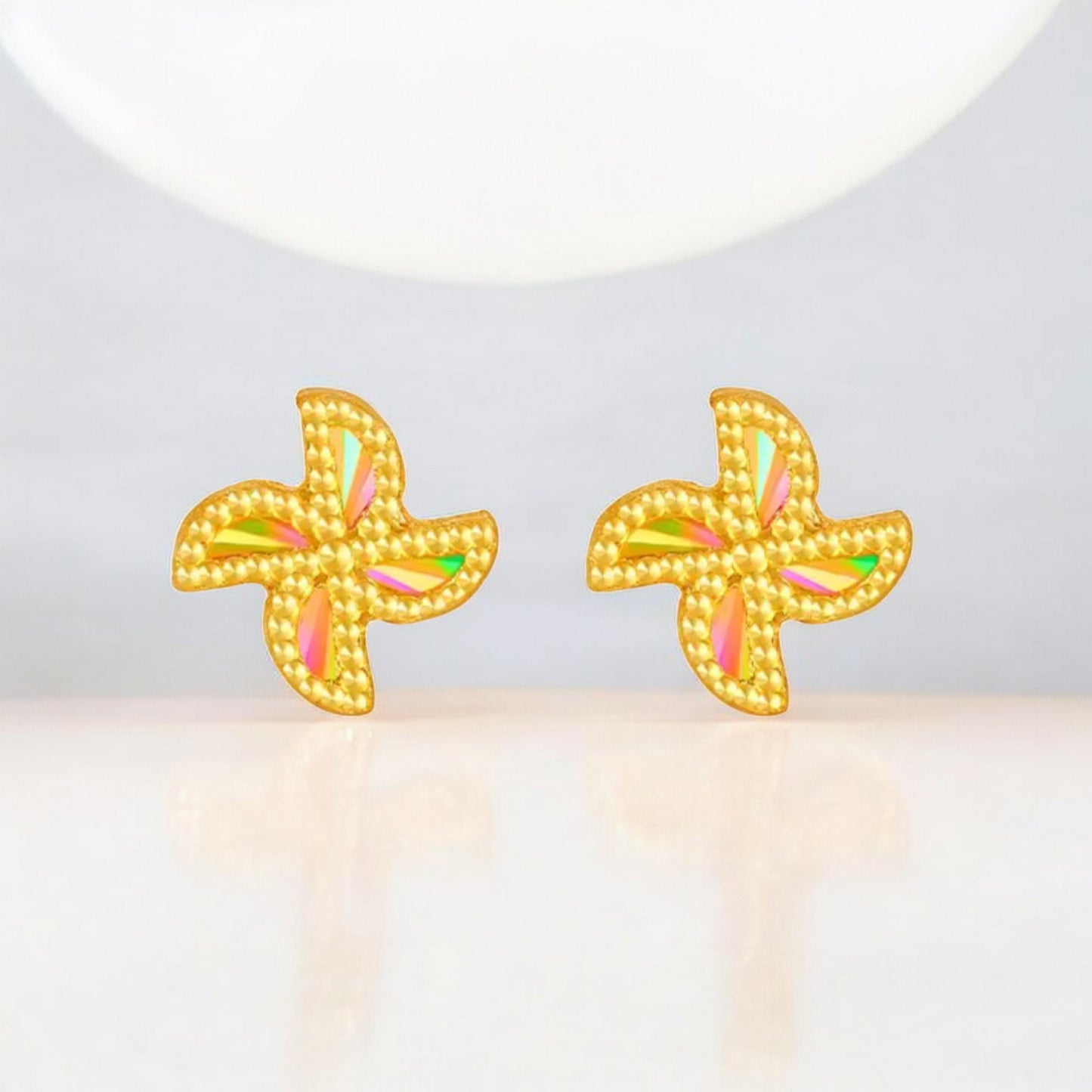 24K Real 5G Gold Sparkling Colorful Lucky Clover Leaf Pinwheel Stud Earrings