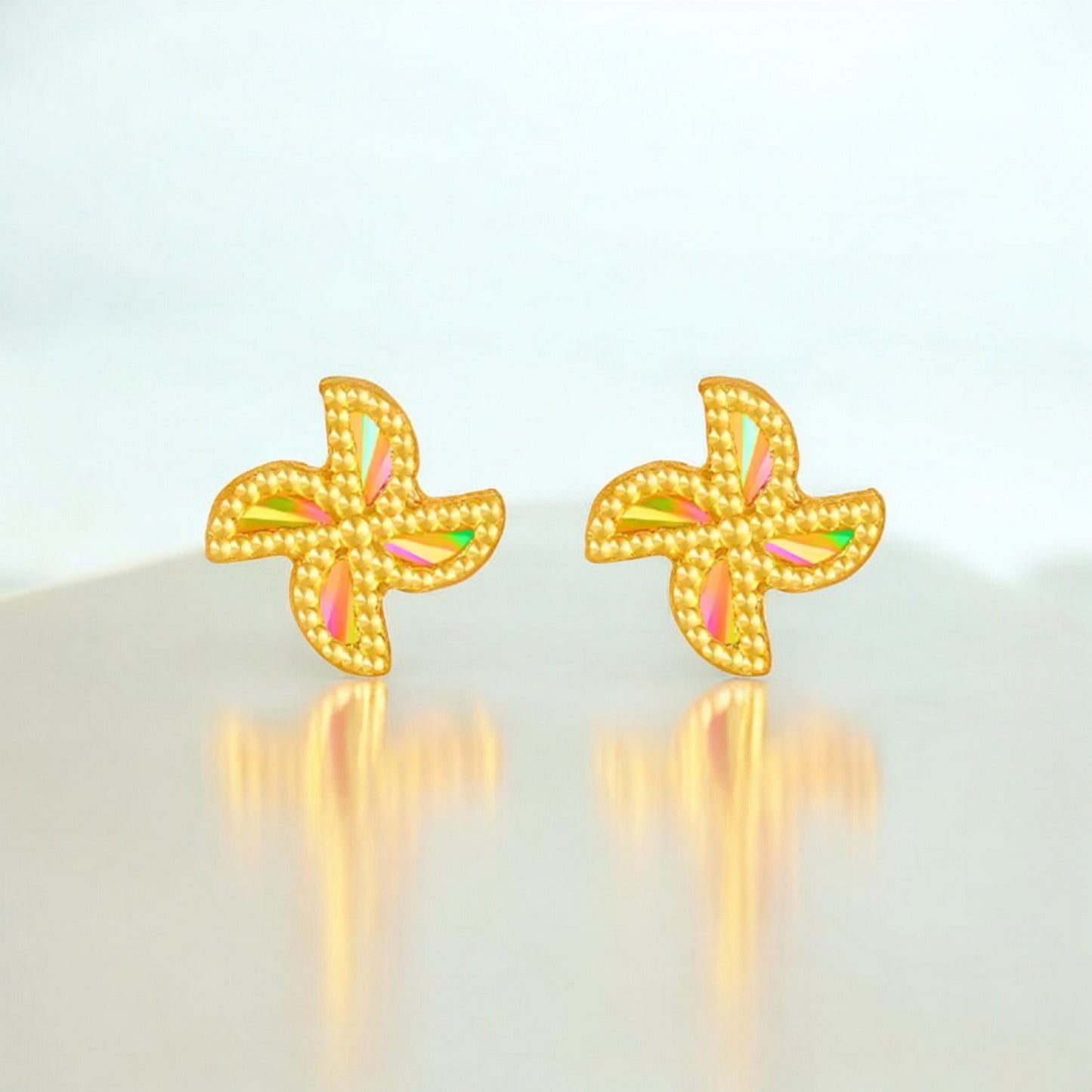24K Real 5G Gold Sparkling Colorful Lucky Clover Leaf Pinwheel Stud Earrings