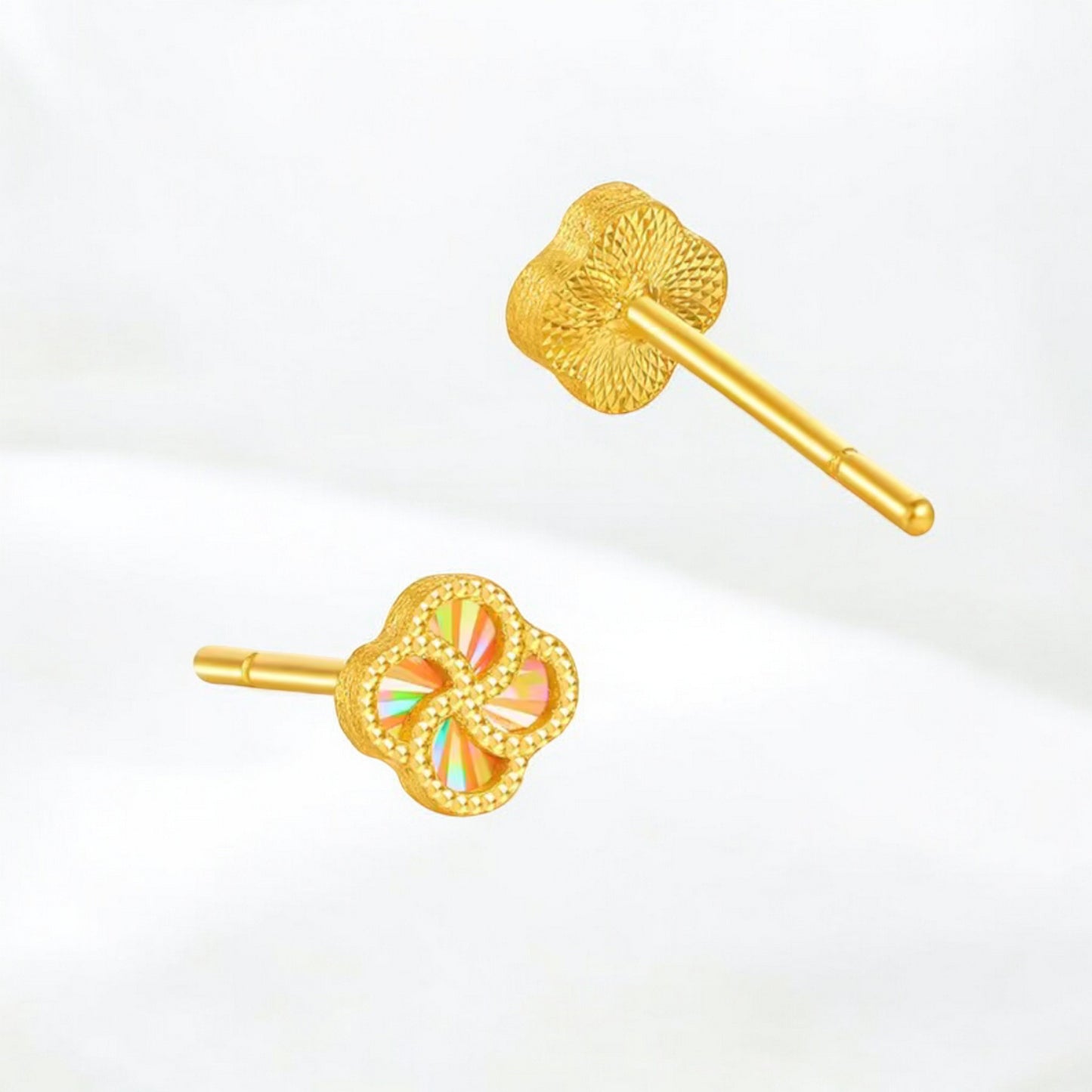 24K Real 5G Gold Sparkling Colorful Lucky Clover Leaf Pinwheel Stud Earrings
