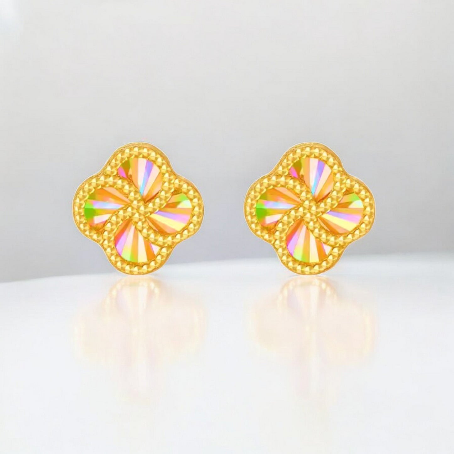 24K Real 5G Gold Sparkling Colorful Lucky Clover Leaf Pinwheel Stud Earrings