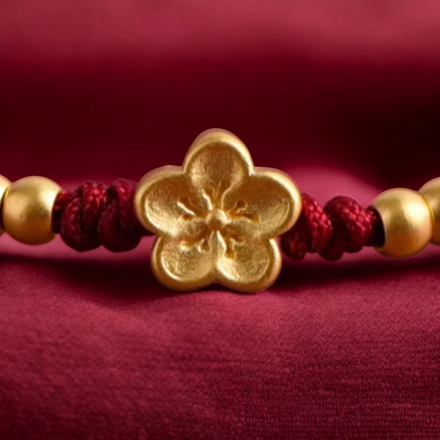 24k 999 Gold Cherry Blossom Flower Charm Red Rope Bracelet