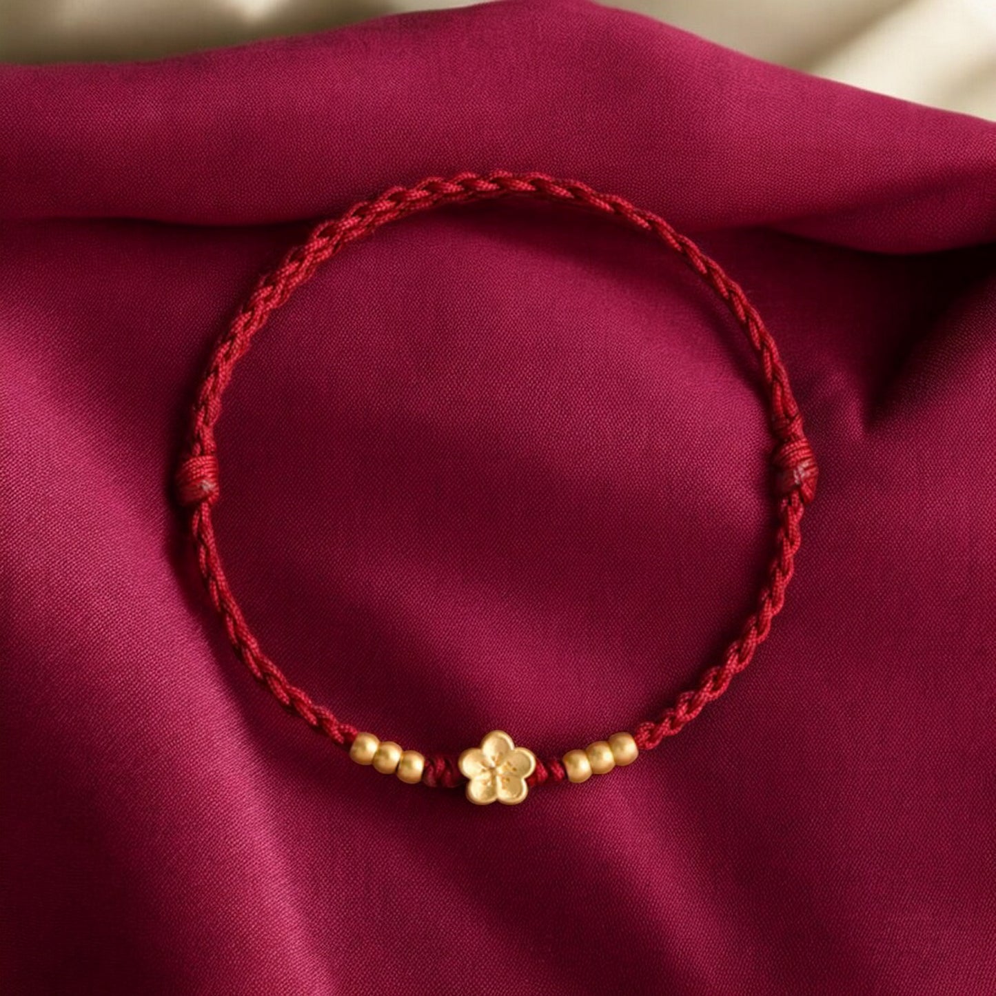 24k 999 Gold Cherry Blossom Flower Charm Red Rope Bracelet