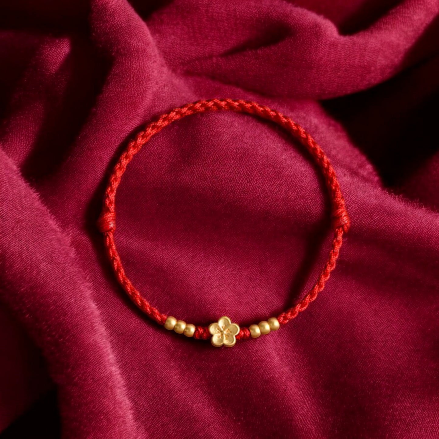 24k 999 Gold Cherry Blossom Flower Charm Red Rope Bracelet