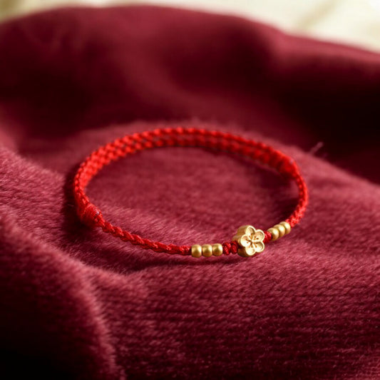 24k 999 Gold Cherry Blossom Flower Charm Red Rope Bracelet