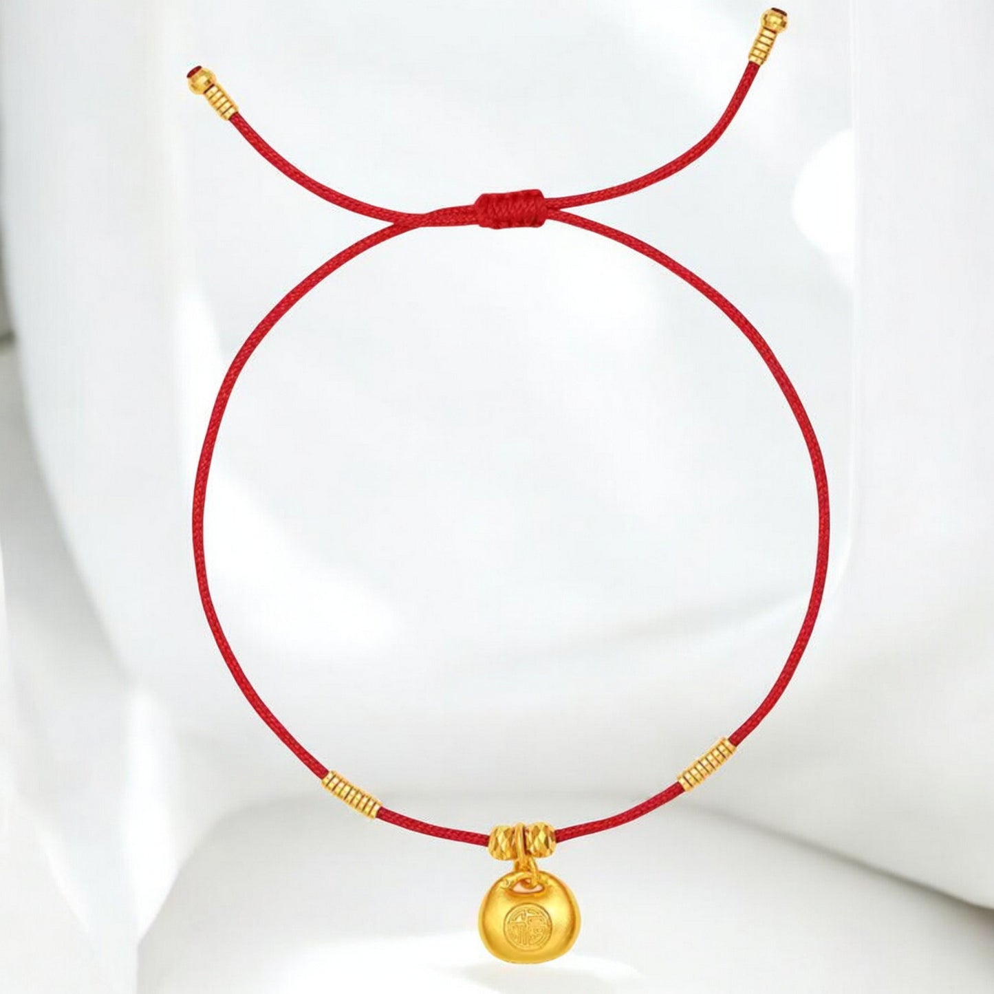 24k 999 Gold "Fu" Lock Bag Chinese Blessing Charm Red Rope Bracelet