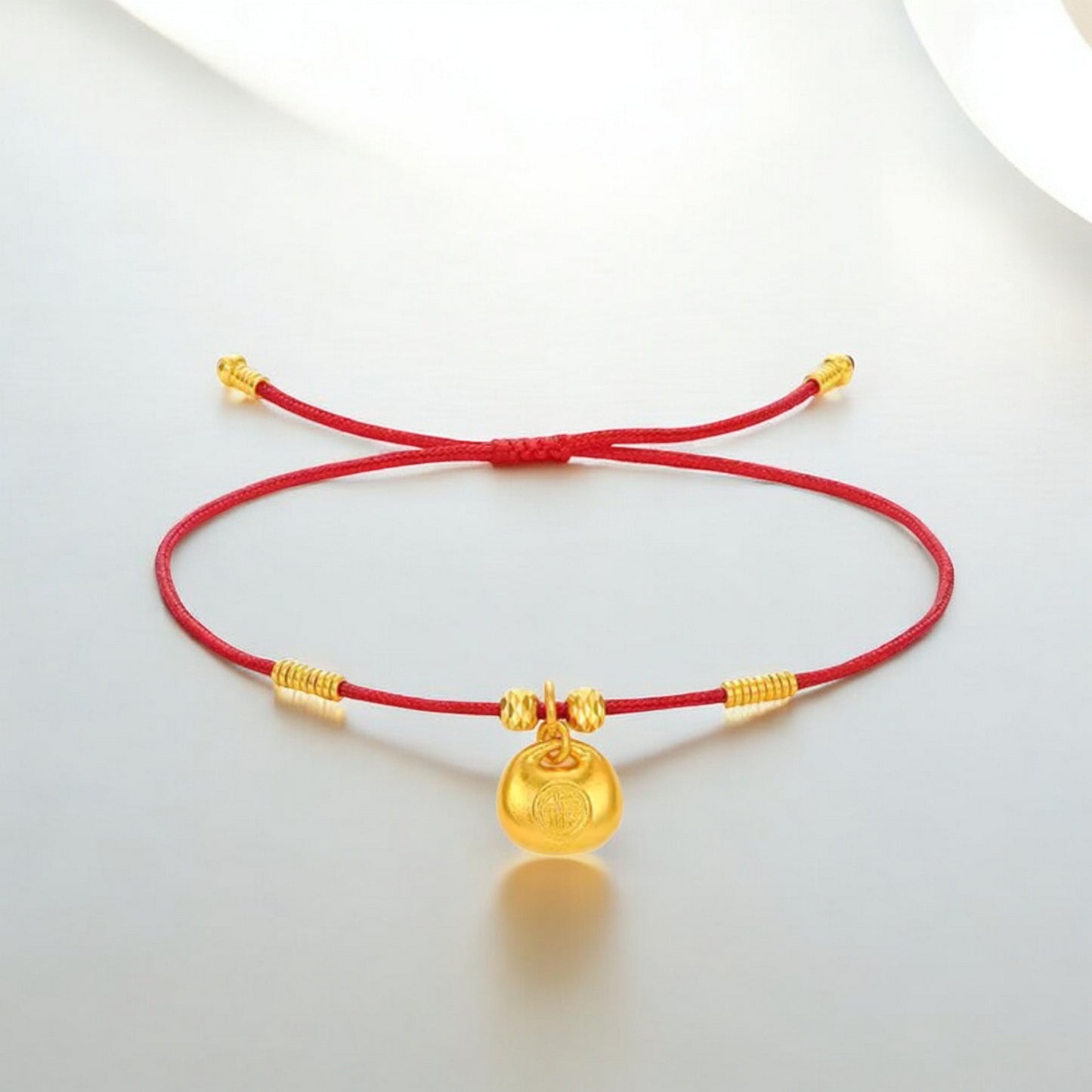 24k 999 Gold "Fu" Lock Bag Chinese Blessing Charm Red Rope Bracelet