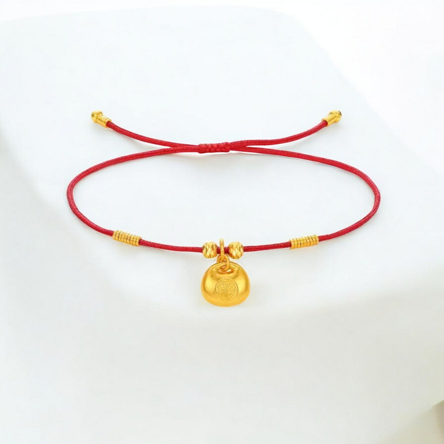 24k 999 Gold "Fu" Lock Bag Chinese Blessing Charm Red Rope Bracelet