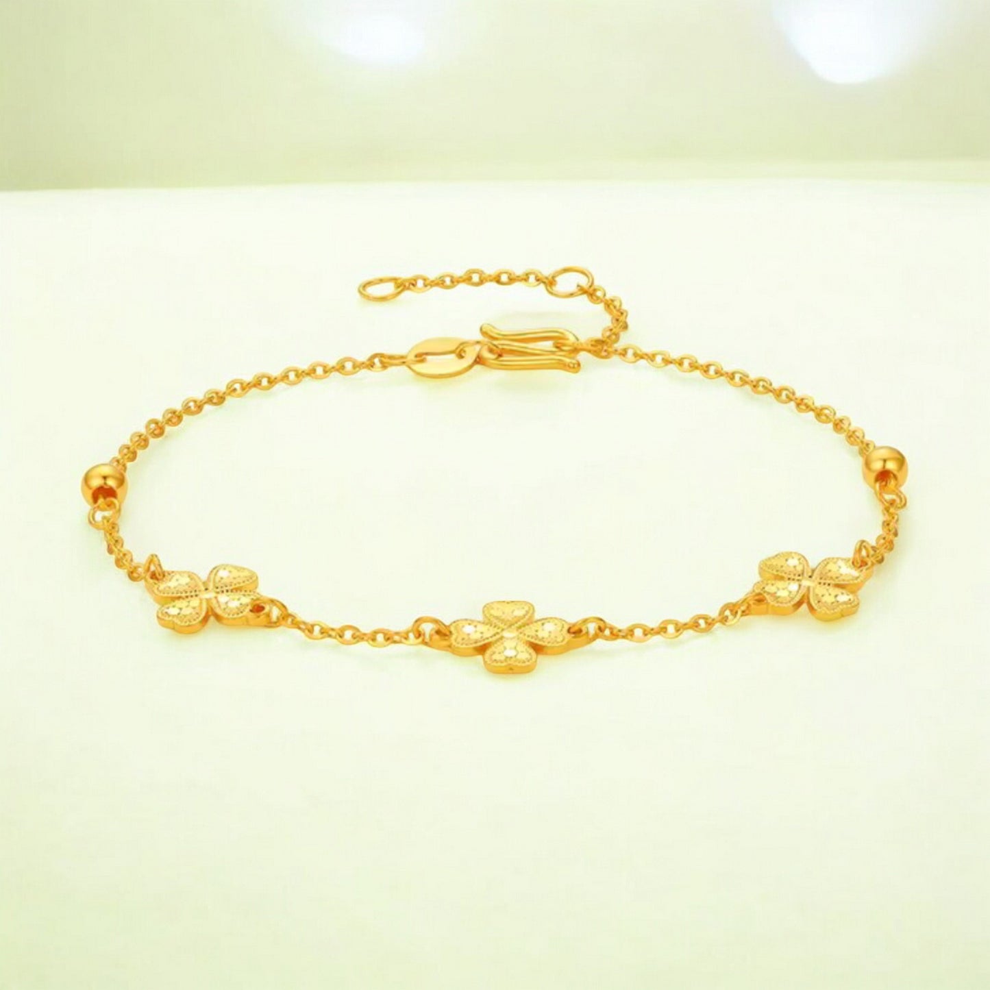 24K 5G 999 Gold Sparkling Clover Leaf Lucky Charm Bracelet
