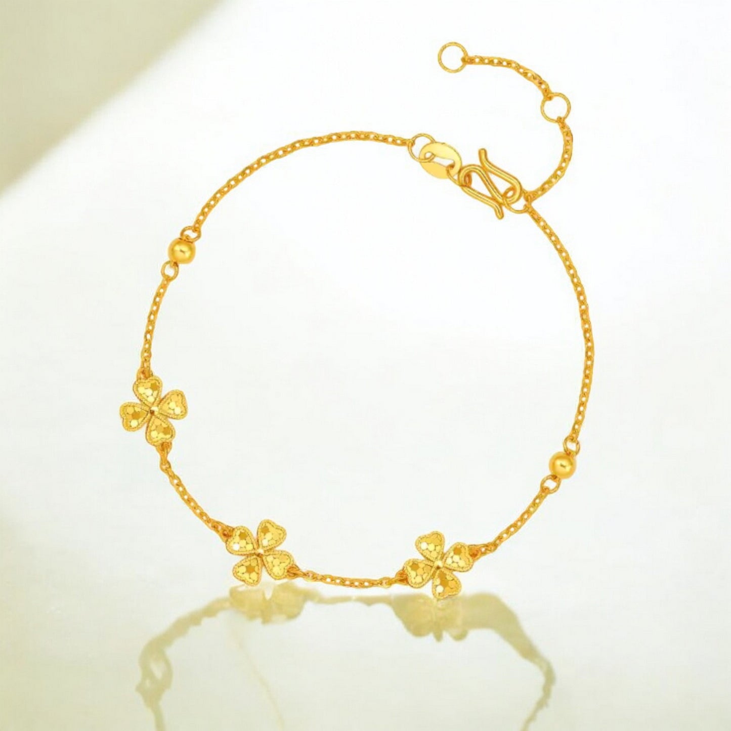 24K 5G 999 Gold Sparkling Clover Leaf Lucky Charm Bracelet