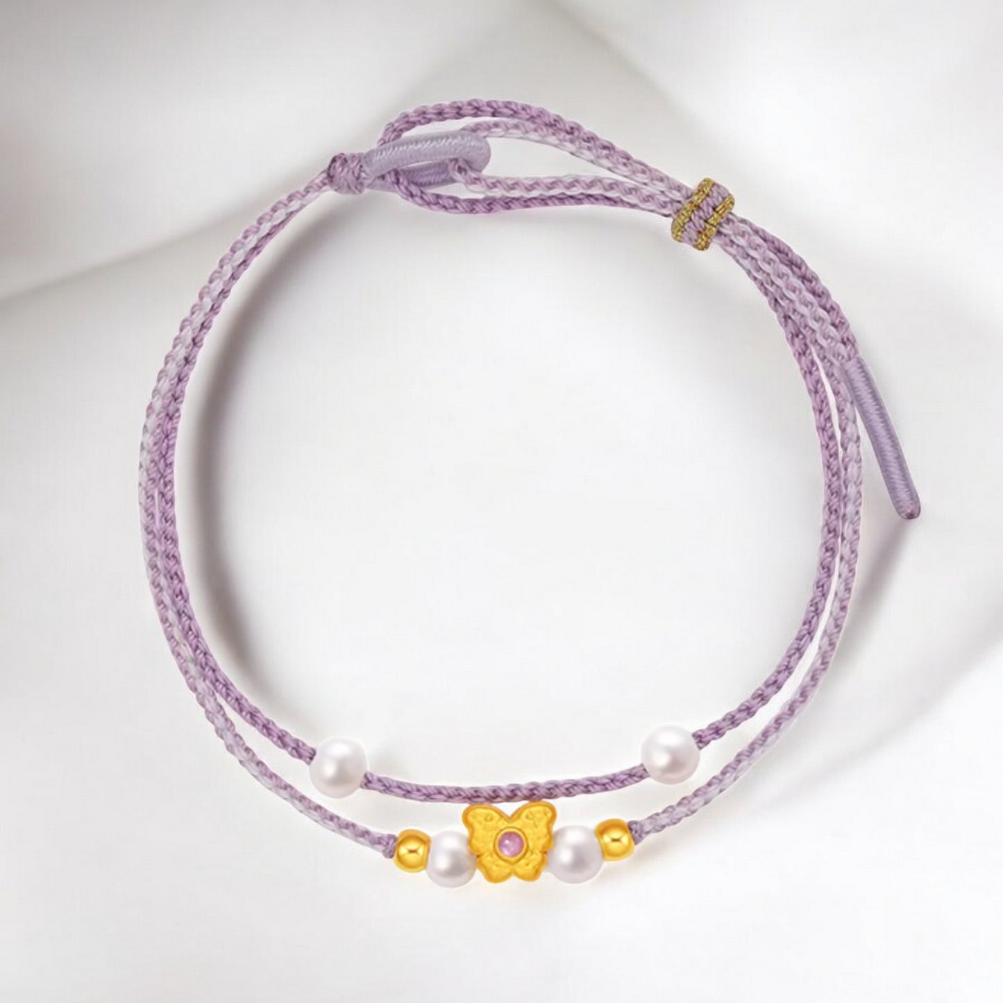 24K 5G 999 Hard Gold Star Butterfly Flower Style Charm Pearl Braided Bracelet