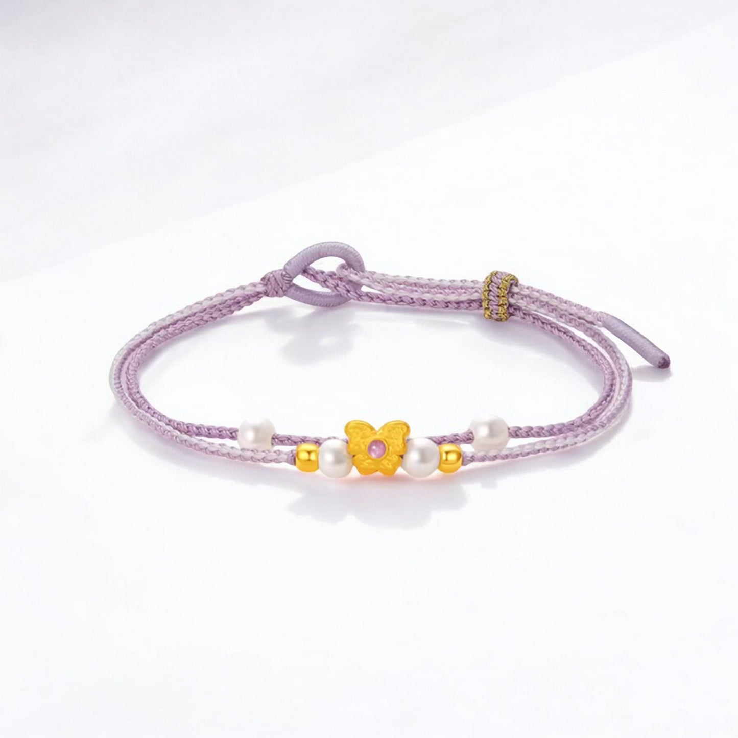 24K 5G 999 Hard Gold Star Butterfly Flower Style Charm Pearl Braided Bracelet