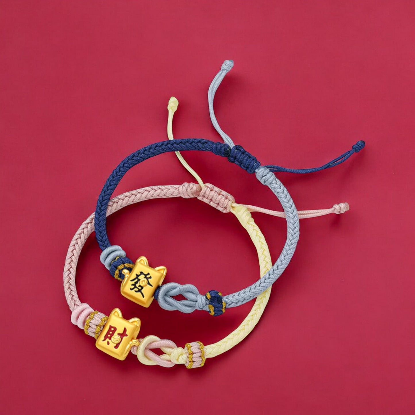 24K 5G 999 Hard Gold Fortune Cat Charm Rope Braided Bracelet