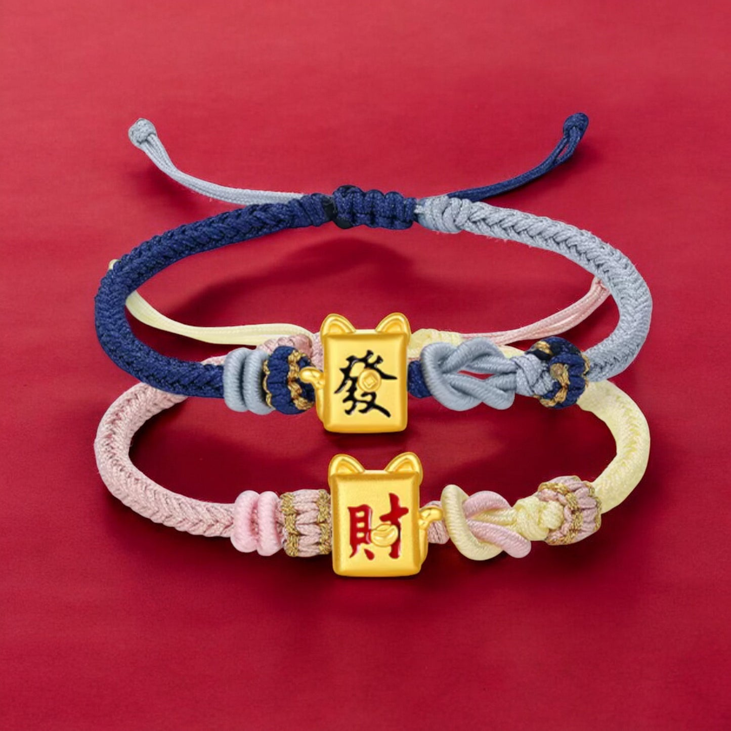 24K 5G 999 Hard Gold Fortune Cat Charm Rope Braided Bracelet