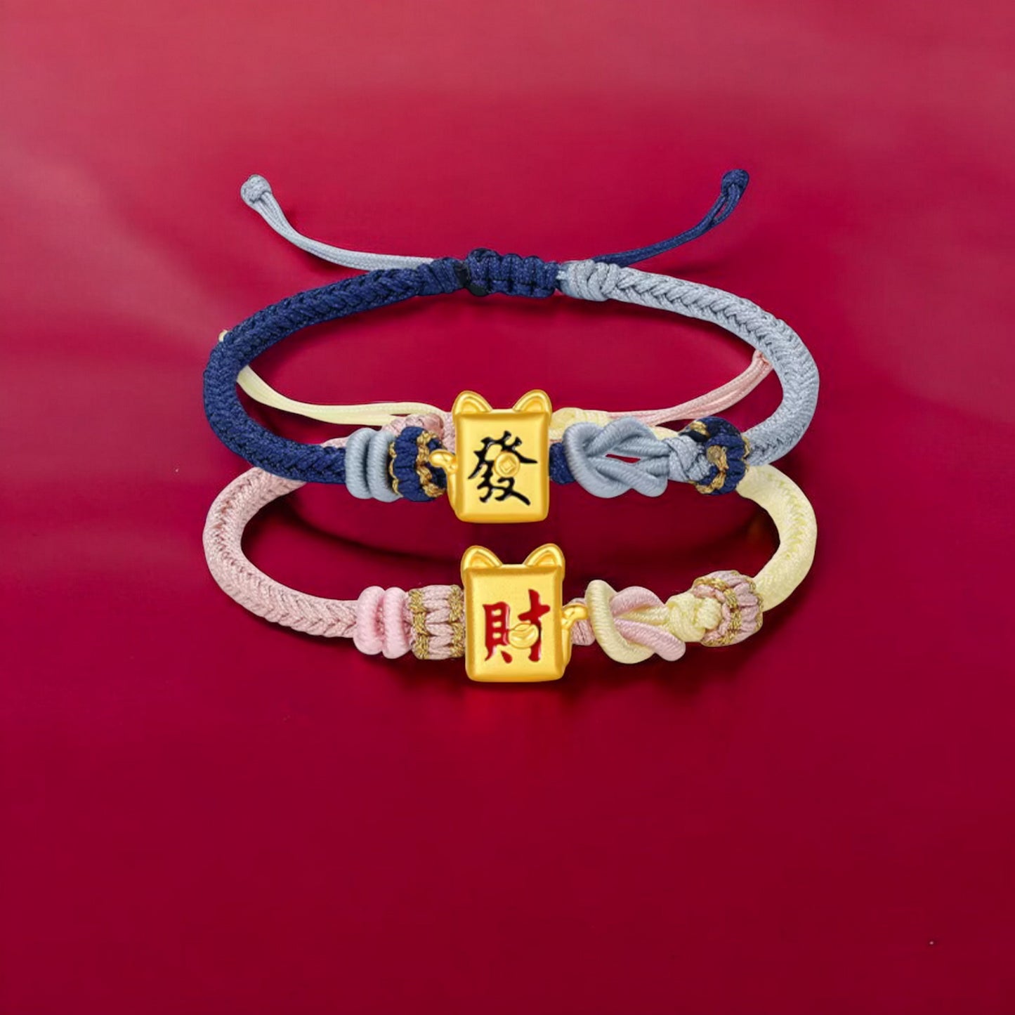 24K 5G 999 Hard Gold Fortune Cat Charm Rope Braided Bracelet