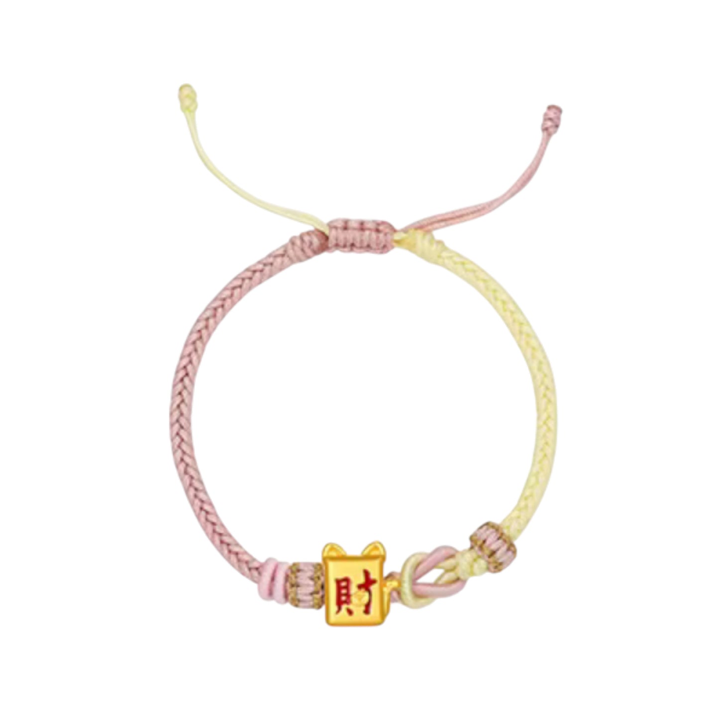 24K 5G 999 Hard Gold Fortune Cat Charm Rope Braided Bracelet