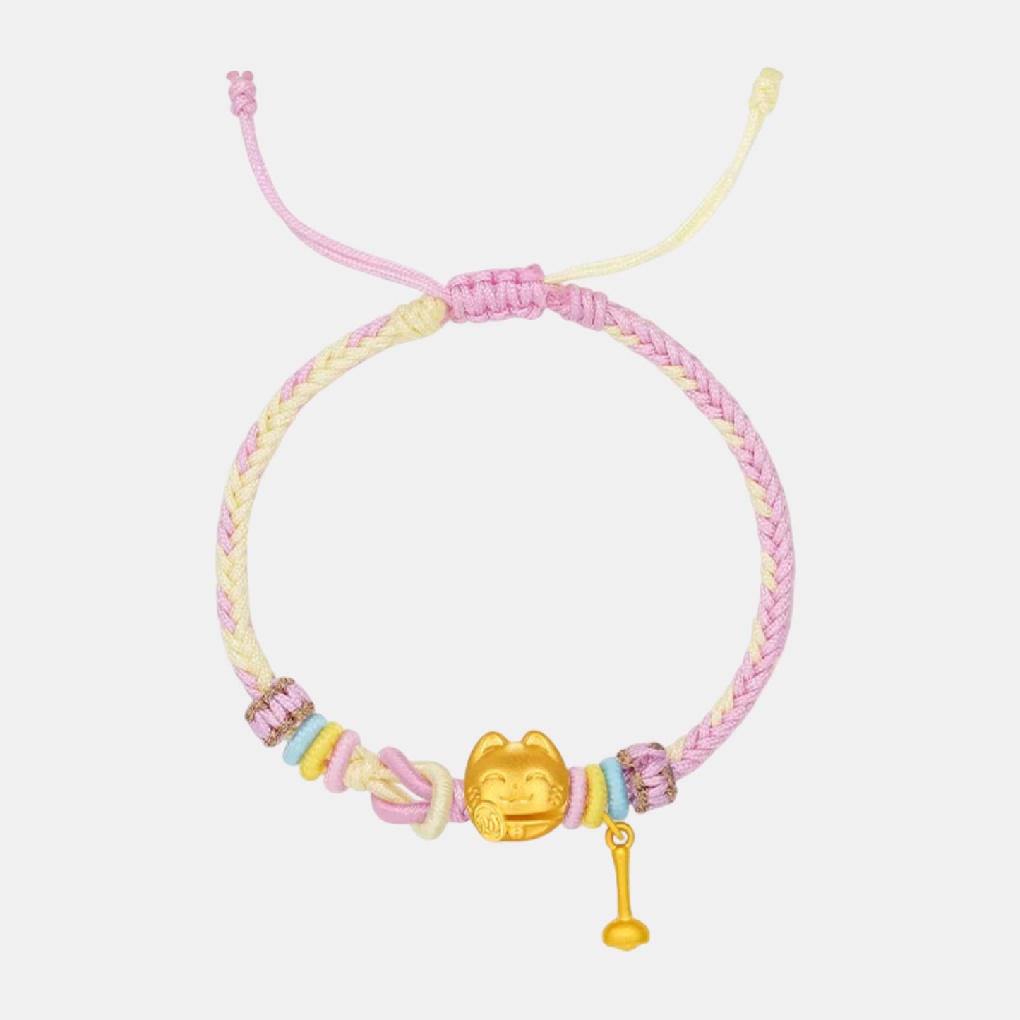 24K 5G 999 Hard Gold Fortune Lucky Cat Charm Rope Braided Bracelet