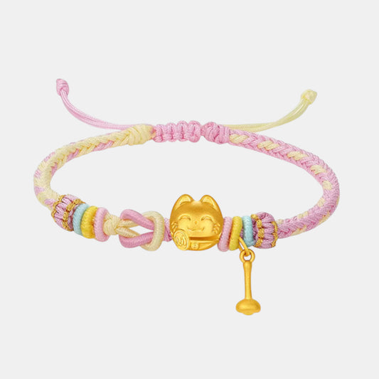 24K 5G 999 Hard Gold Fortune Lucky Cat Charm Rope Braided Bracelet