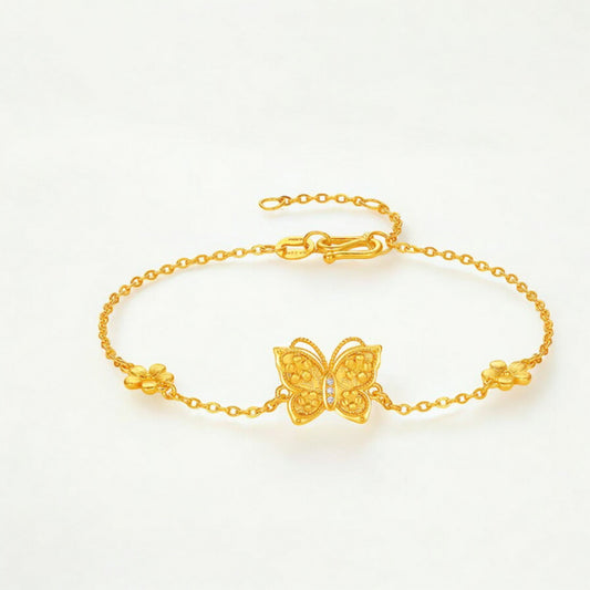 24K 5G 999 Gold Diamond Butterfly Pendant Bracelet