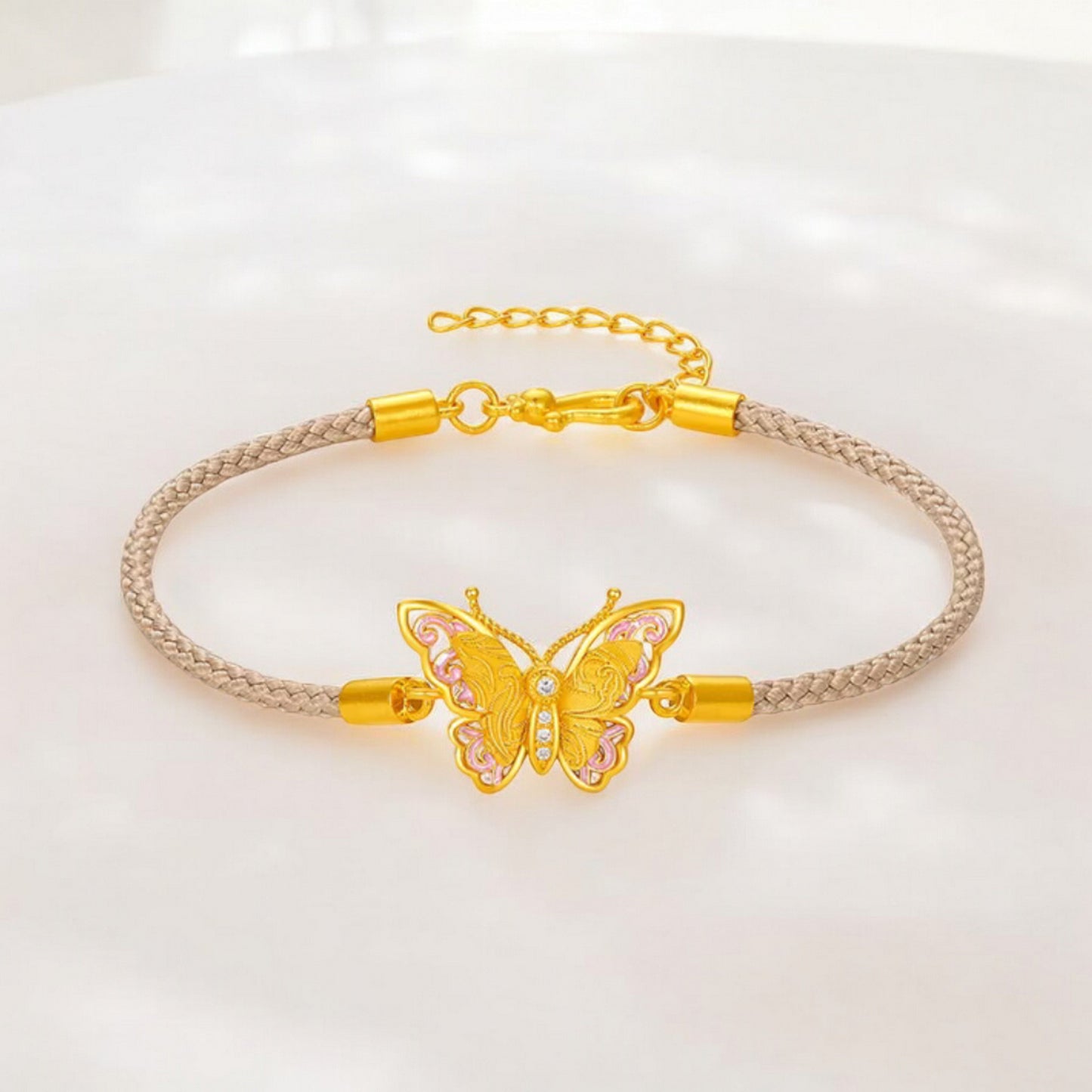 24K 5G 999 Gold Diamond Butterfly Pendant Rope Bracelet