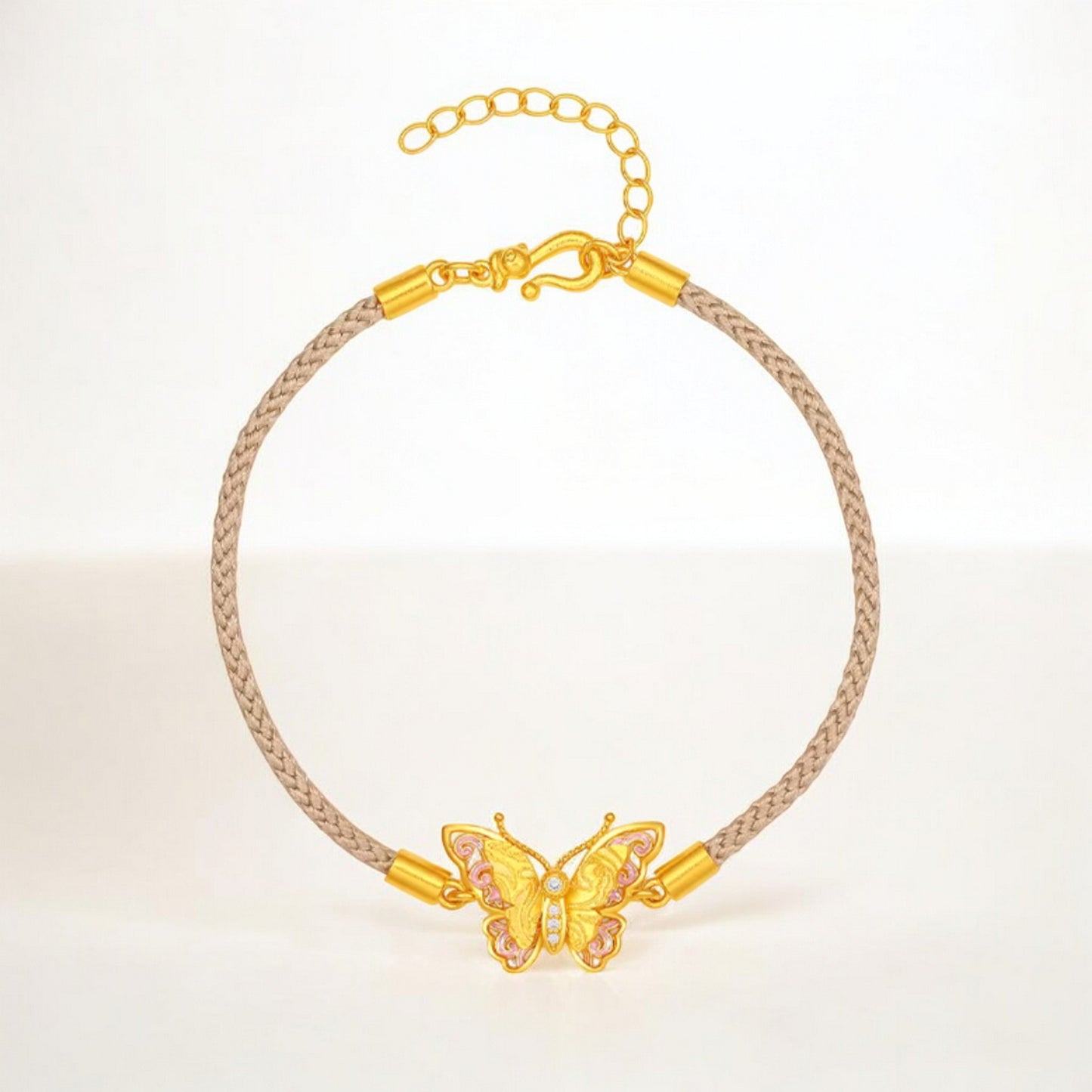 24K 5G 999 Gold Diamond Butterfly Pendant Rope Bracelet