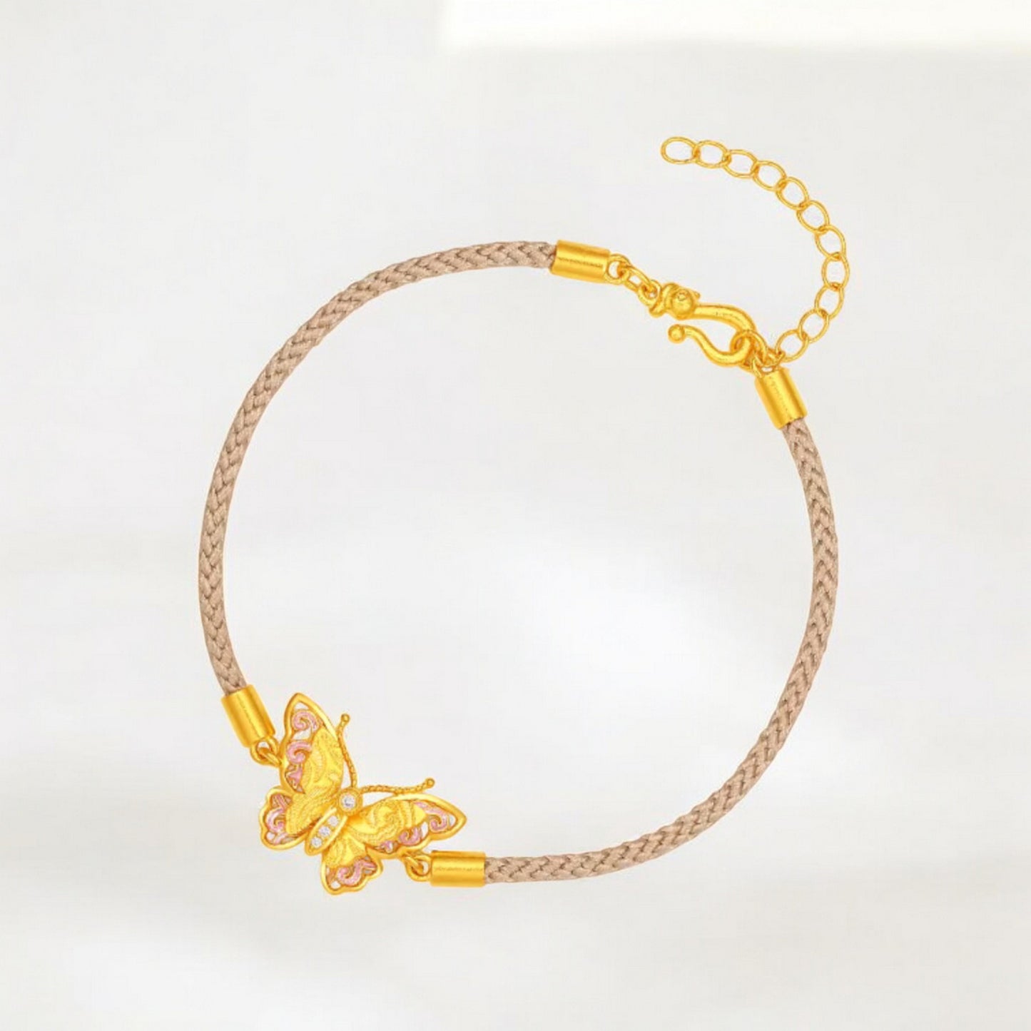 24K 5G 999 Gold Diamond Butterfly Pendant Rope Bracelet