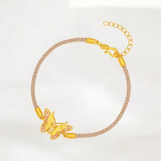 24K 5G 999 Gold Diamond Butterfly Pendant Rope Bracelet