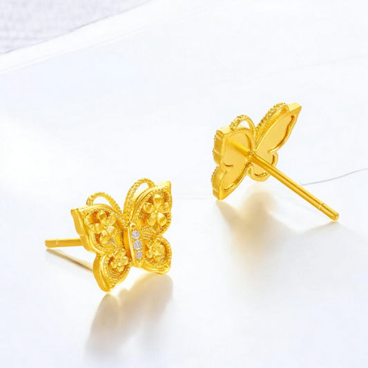 24K 5G Gold Diamond Butterfly Stud Earrings