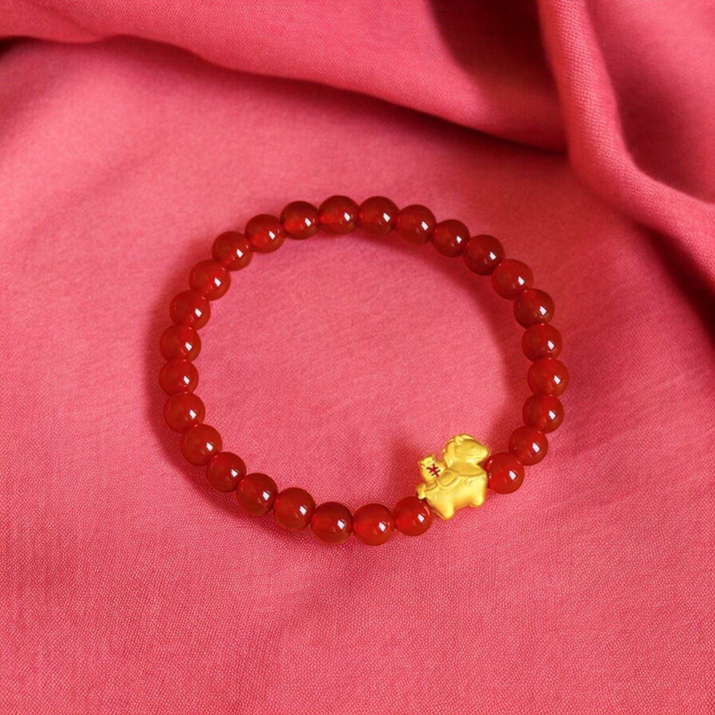 24K 999 5D Hard Lucky Gold Horse Pendant Red Agate Bracelet