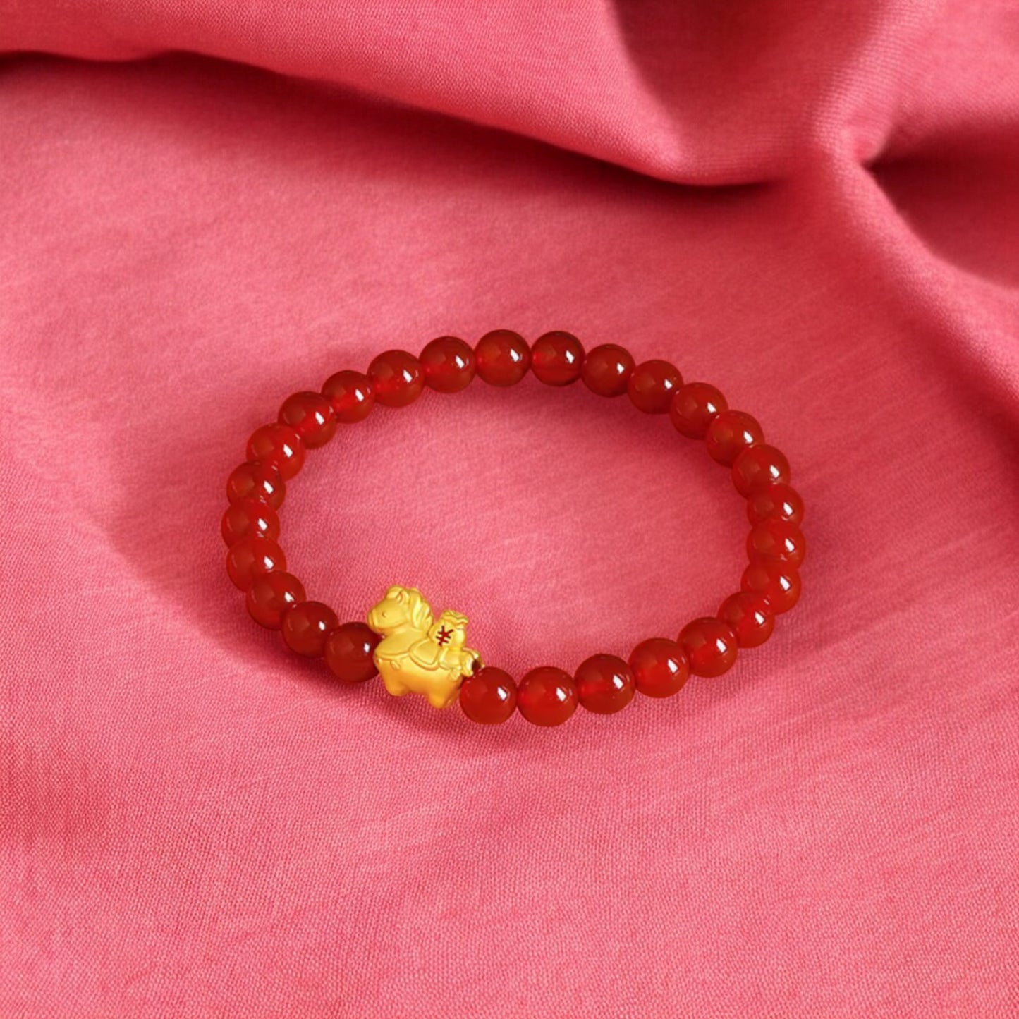 24K 999 5D Hard Lucky Gold Horse Pendant Red Agate Bracelet