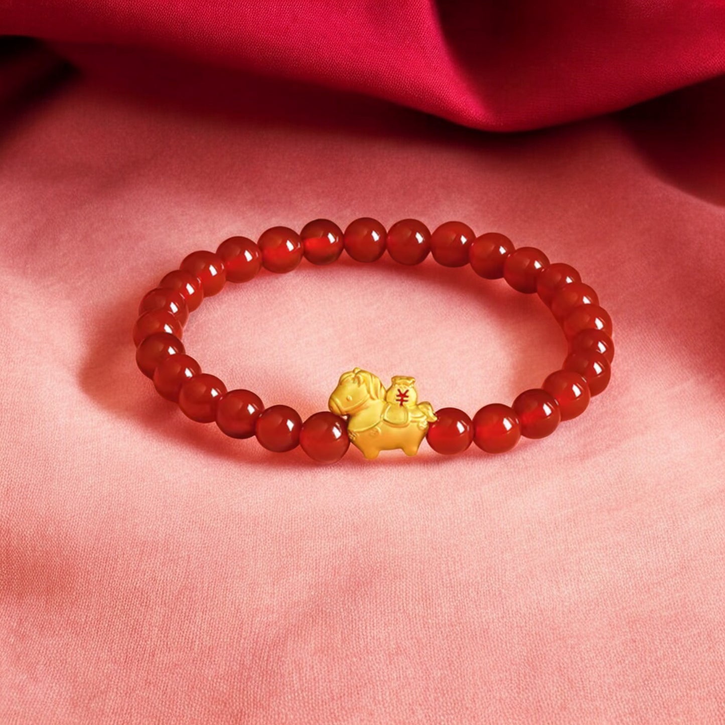 24K 999 5D Hard Lucky Gold Horse Pendant Red Agate Bracelet