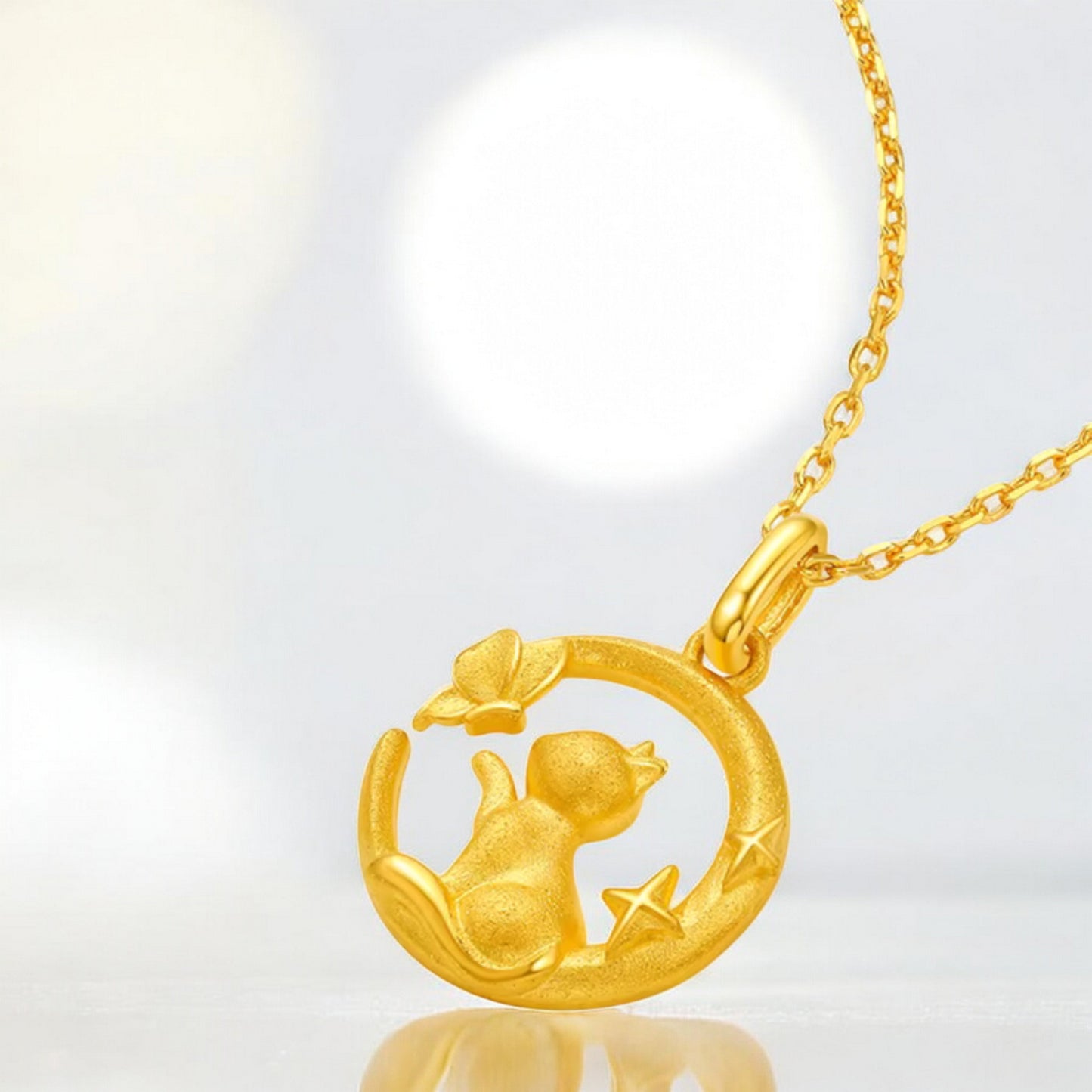 24K 999 5G Gold Cat and Butterfly on the Moon Pendant