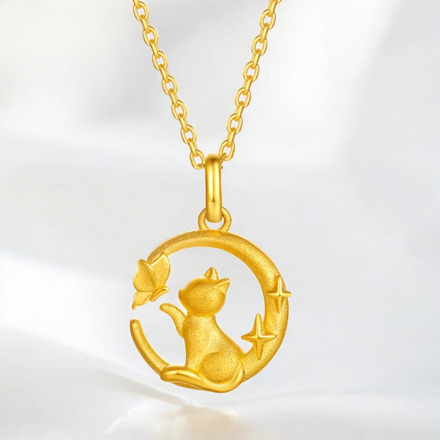 24K 999 5G Gold Cat and Butterfly on the Moon Pendant