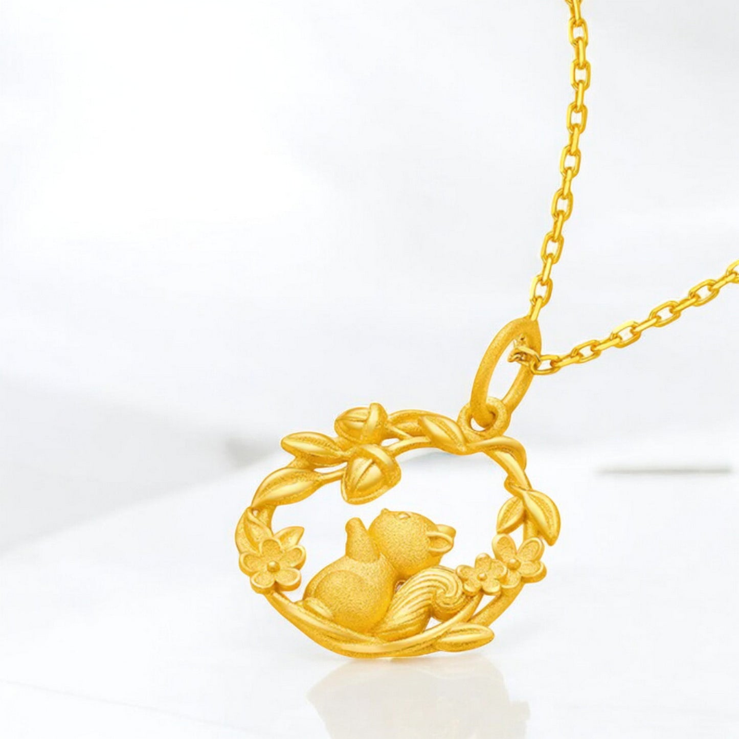 24K 999 Gold Squirrel and Acorn Pendant