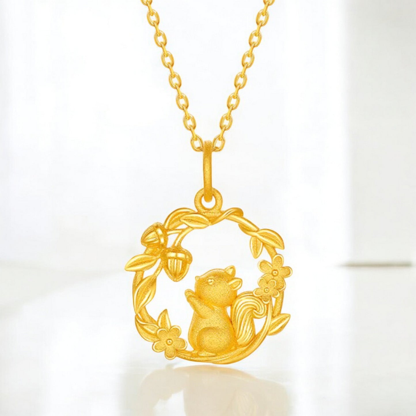 24K 999 Gold Squirrel and Acorn Pendant