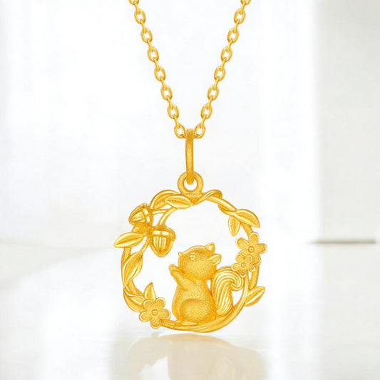24K 999 Gold Squirrel and Acorn Pendant