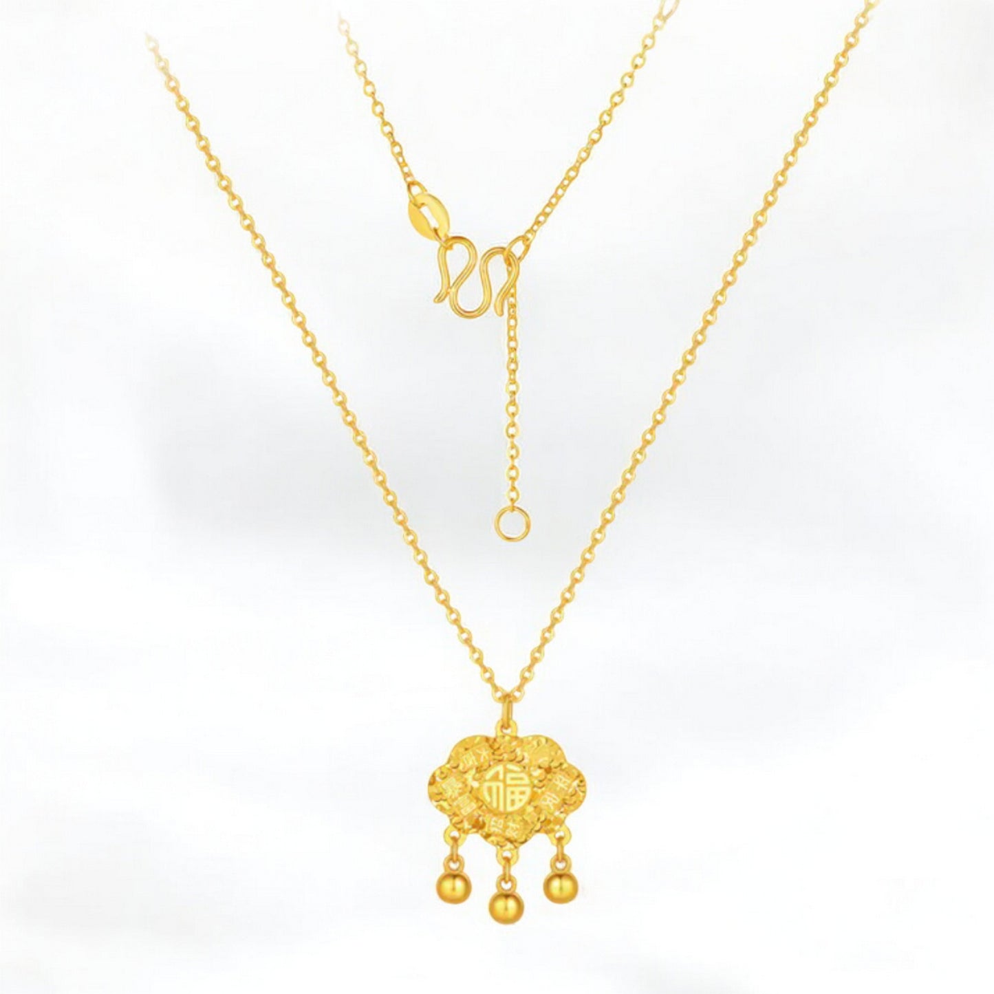 24K 999 5G Gold Lucky Sparkling Chinese Safe Lock Bag Necklace