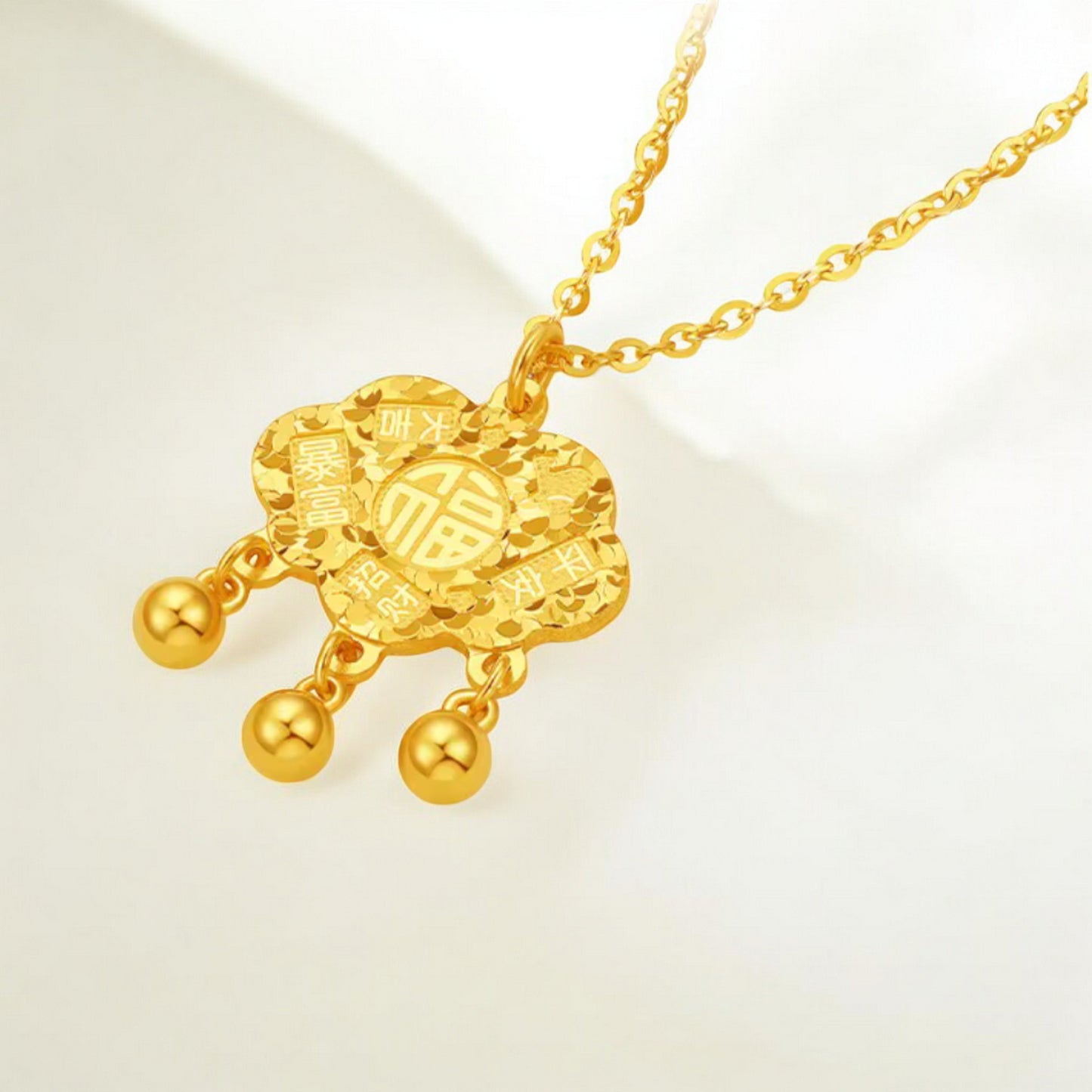 24K 999 5G Gold Lucky Sparkling Chinese Safe Lock Bag Necklace