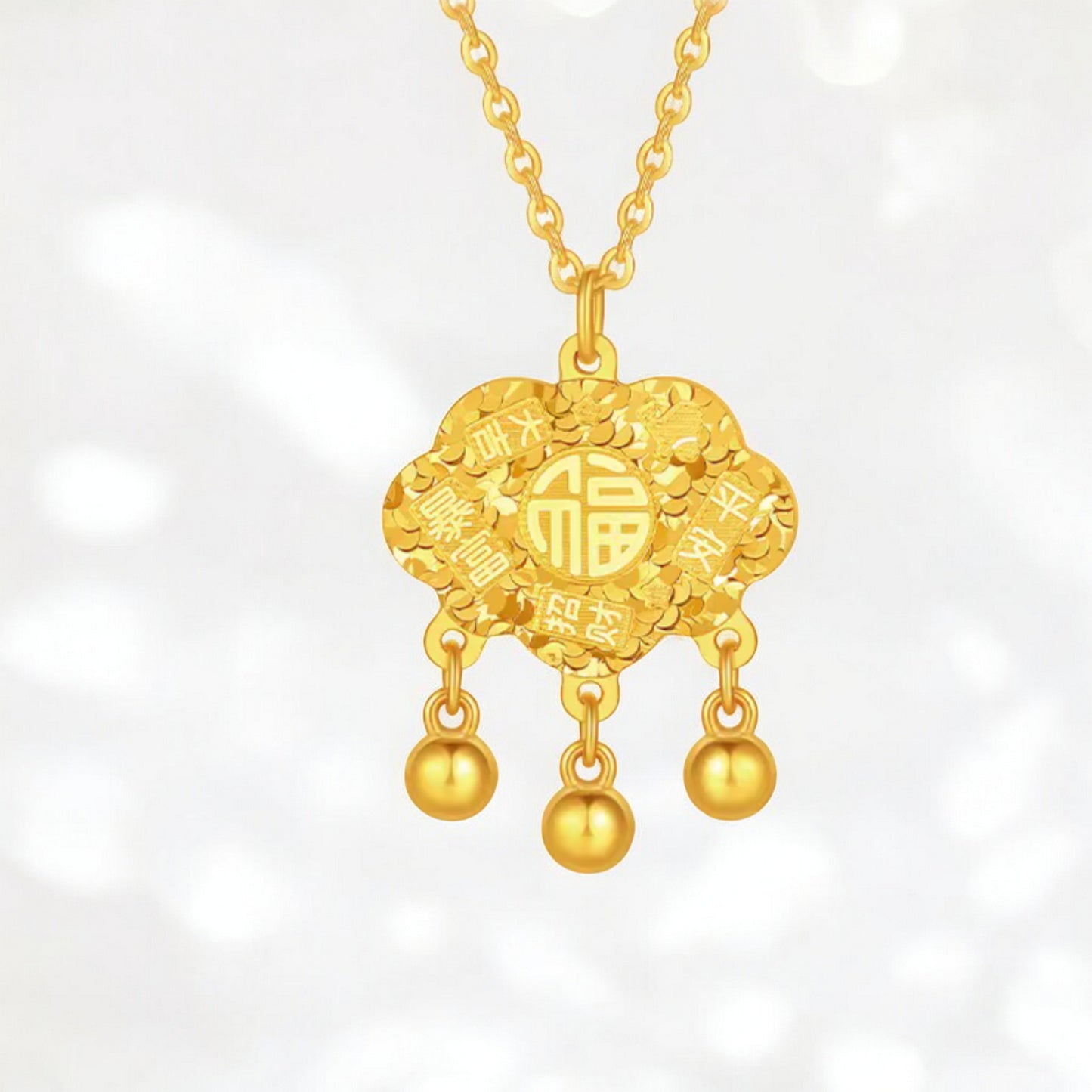 24K 999 5G Gold Lucky Sparkling Chinese Safe Lock Bag Necklace